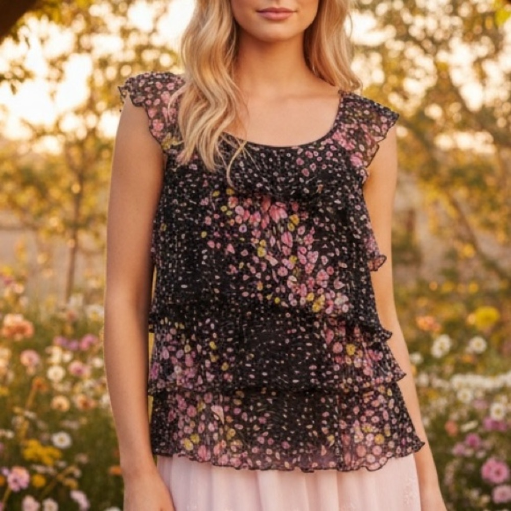 Apt. 9 Y2K Black & Pink Floral Mesh Ruffle Tiered Top XL